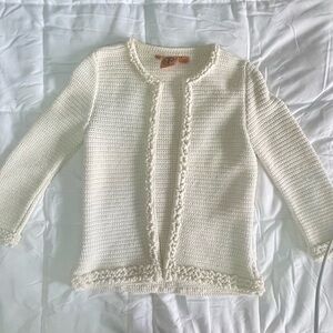 Tory Burch Ivory Crochet Knit Jacket Open Front Textured Trim